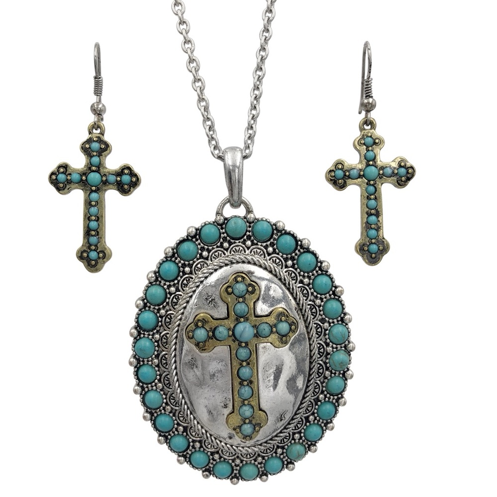 Long Aqua Blue Dot Cross Necklace Earrings Set